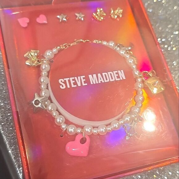 Steve Madden Pearl Charm Bracelet & Trio Earring Set - Picture 4 of 5